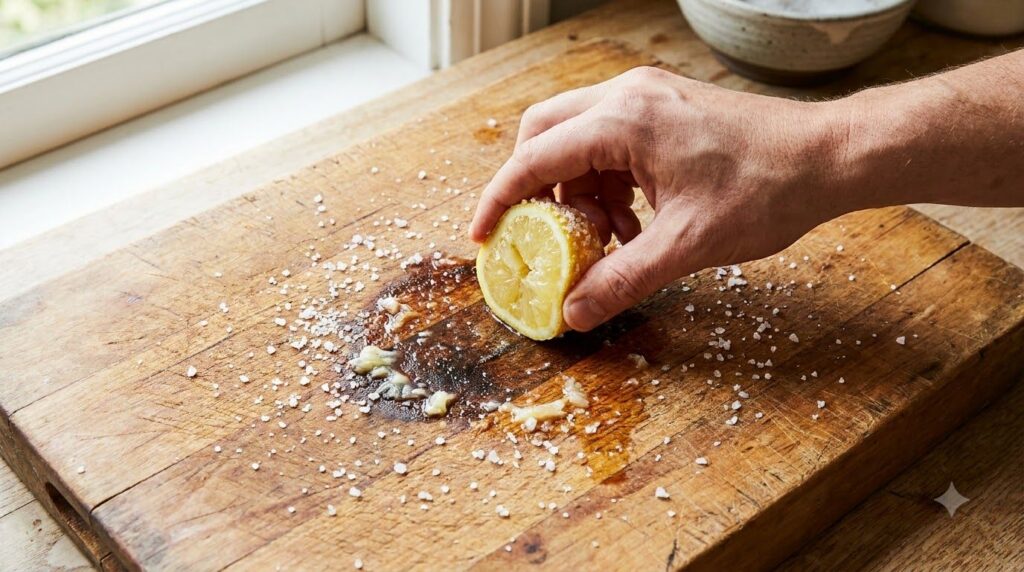 A wooden cutting board with a sliced lemon and a sprinkle of coarse salt actively being used to scrub a stubborn grease 