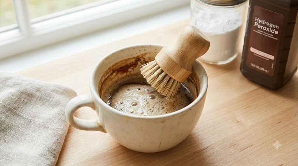 A ceramic mug with visible coffee stains inside being cleaned with a mixture of baking soda and hydrogen peroxide showin