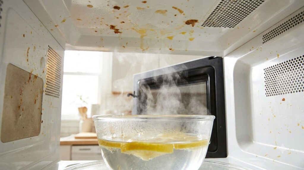 Inside a microwave a bowl of water with lemon slices is steaming softening hardened food splatters