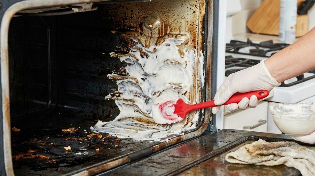 The interior of a dirty oven being cleaned with a thick paste of baking soda and water applied with a spatula