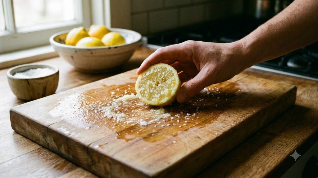 A wooden cutting board being scrubbed with a halved lemon sprinkled with coarse salt The board looks clean and fresh
