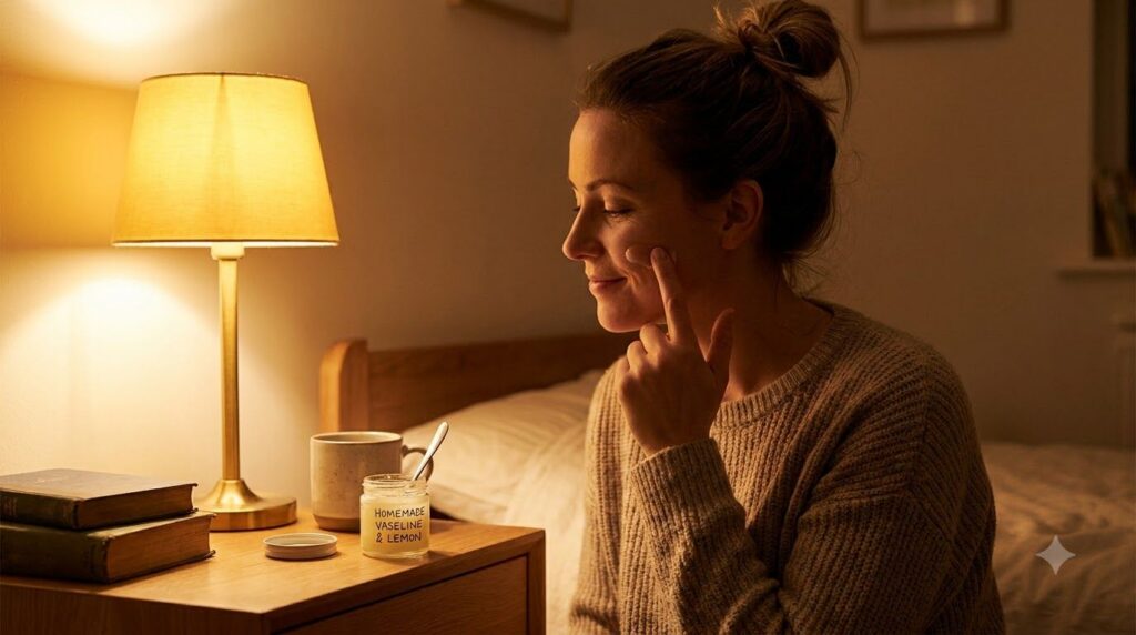 A woman applying a thin layer of cream to her face in the evening with a serene expression a small jar of the mixed Vase