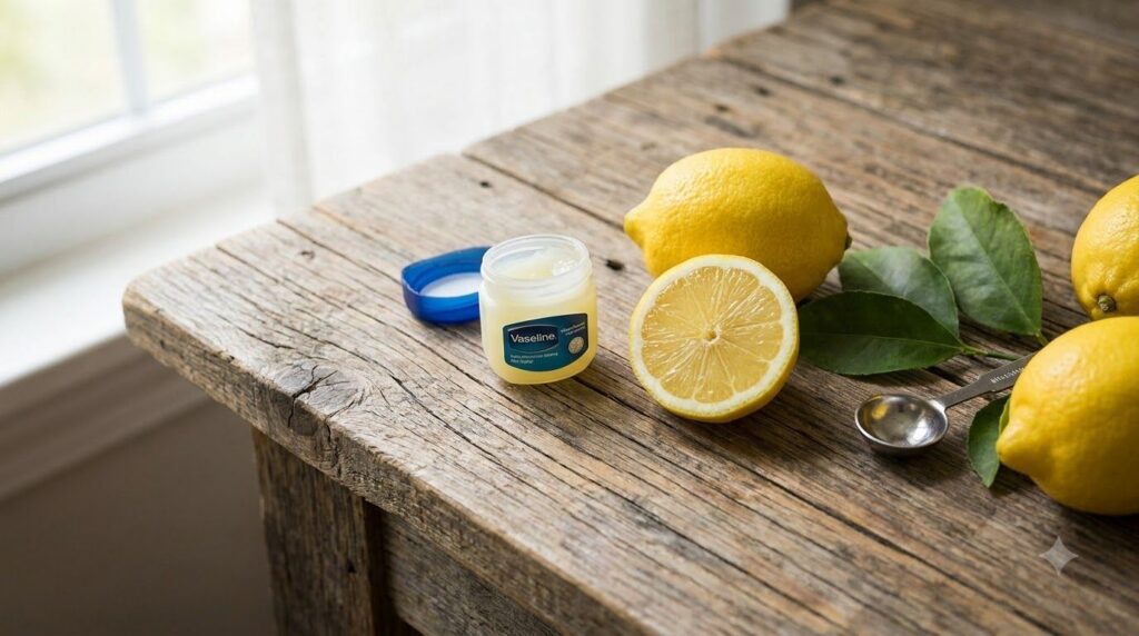 Ingredients for Vaseline and lemon remedy laid out a small tub of Vaseline a freshly cut lemon and a small measuring spo