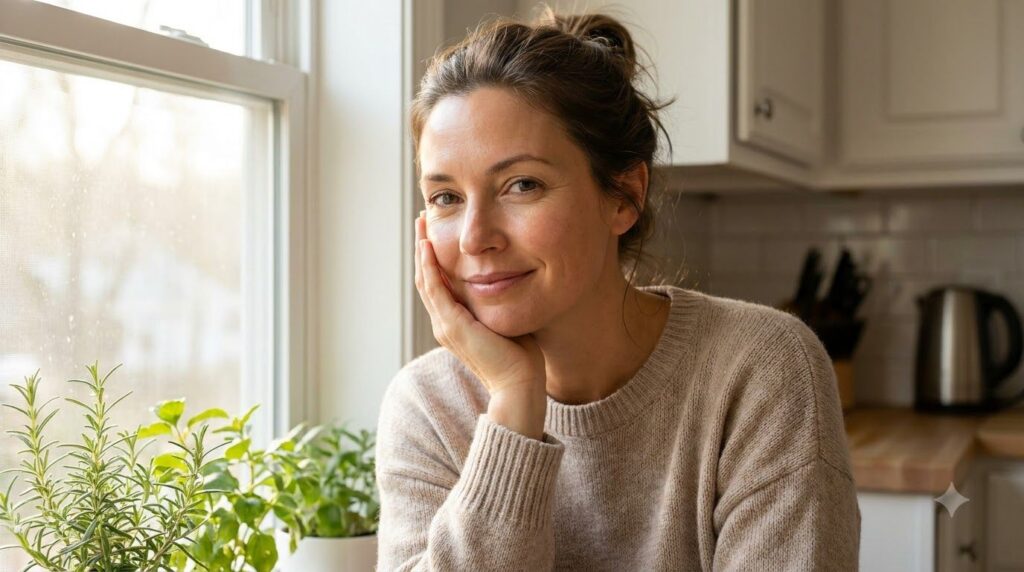 A woman gently touching her smooth glowing face in a soft natural light smiling confidently