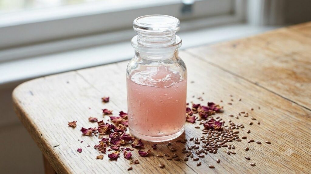 Close-up of a smooth translucent rose flax gel in a small glass jar with rose petals and flax seeds scattered around on 