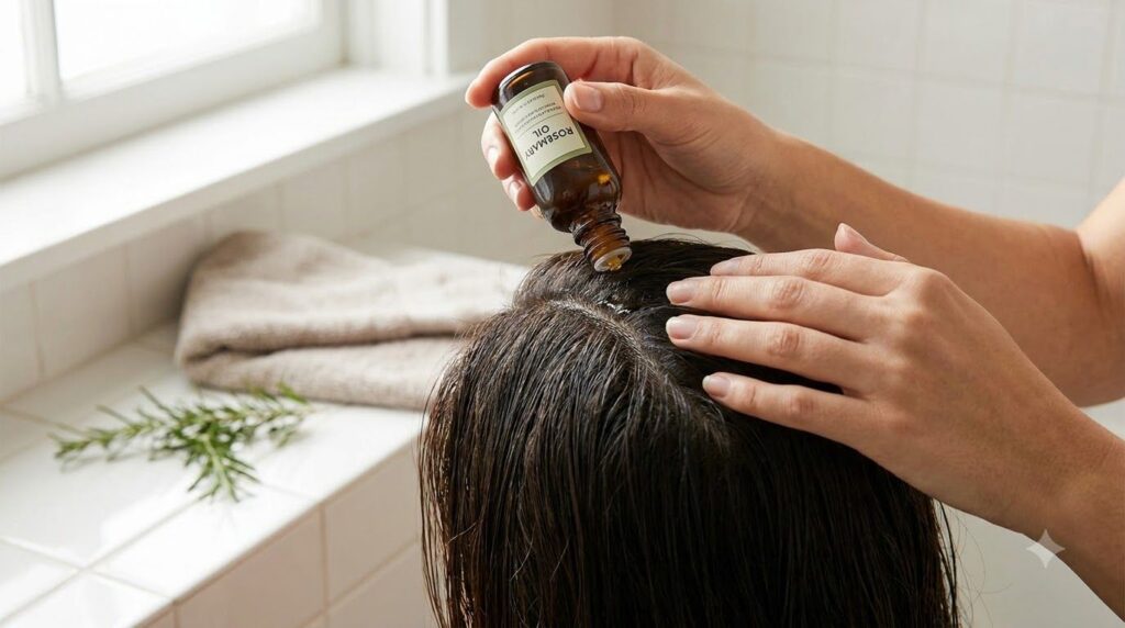 Hands gently massaging rosemary oil into a scalp and hair roots showing the application process clearly