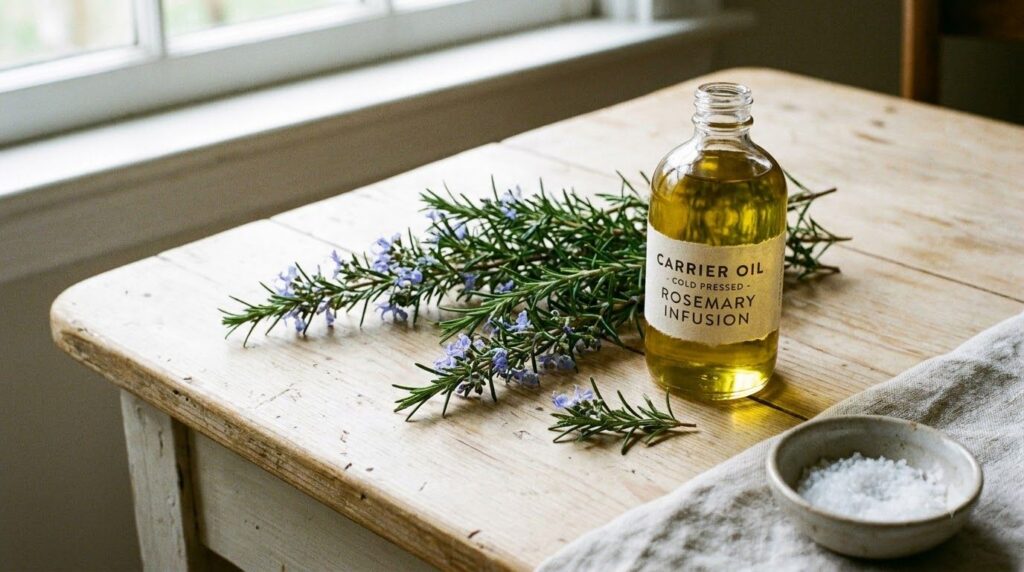 A variety of fresh rosemary sprigs and a bottle of carrier oil on a wooden table representing the simple ingredients for