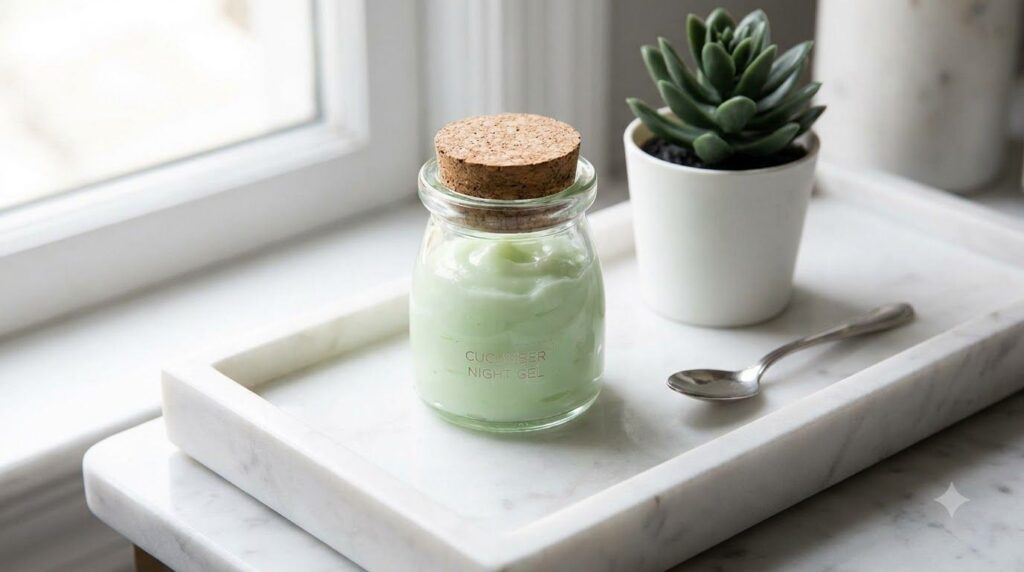 A close-up of a small glass jar containing a light green smooth cucumber night gel ready for use on a clean vanity with 