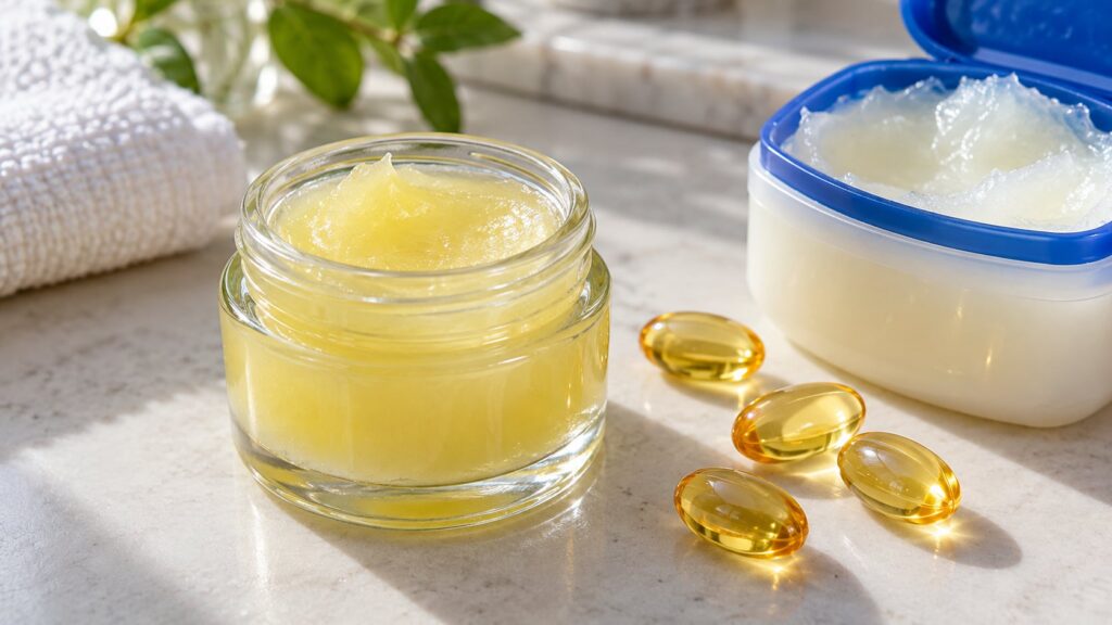 A close-up of a small glass jar filled with a homemade pale yellow balm next to a few loose Vitamin E capsules and a sma