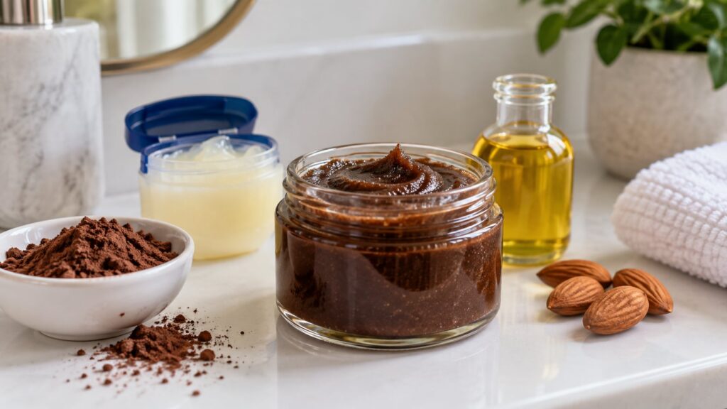 A small clear glass jar filled with the prepared cocoa Vaseline and almond oil mixture with a neat label placed on a smo