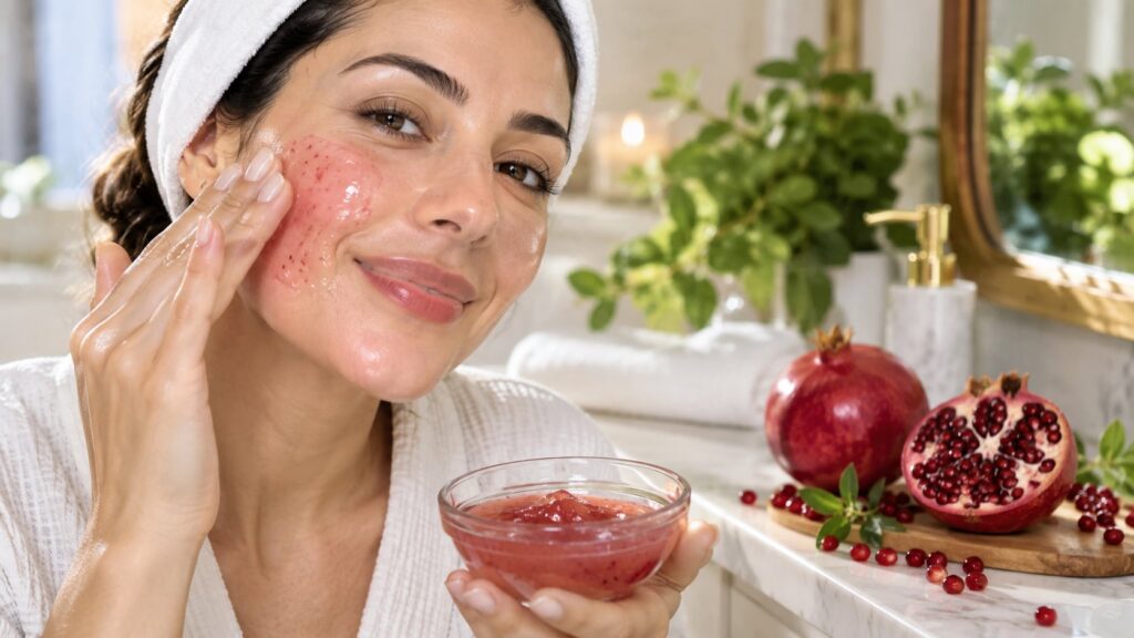 A woman gently massaging the DIY pomegranate beauty gel onto her face with a soft content expression in a well-lit bathr