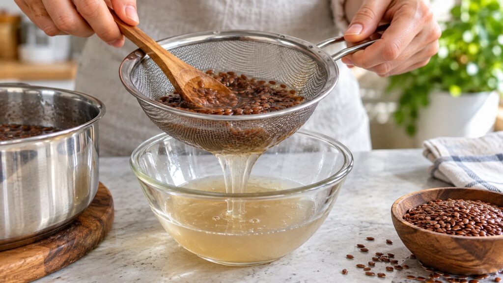 A person straining boiled flax seeds through a fine-mesh sieve into a glass bowl to extract the gel with steam gently ri
