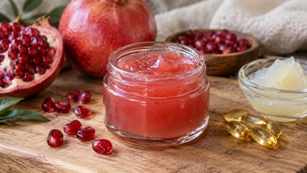 A small clear glass jar filled with the finished DIY pomegranate beauty gel displaying its smooth reddish-pink texture T