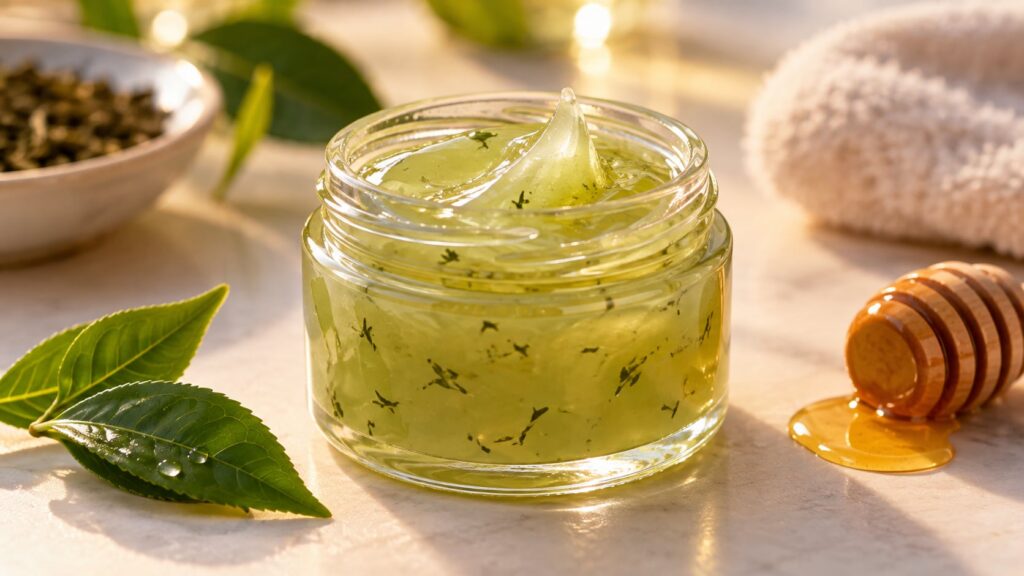 Close-up of a small glass jar filled with the finished green tea Vaseline and honey night gel glowing softly next to a f