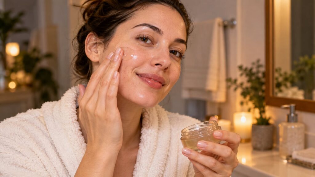A woman gently applying the homemade night gel to her face before bed her skin looking soft and hydrated under warm soft