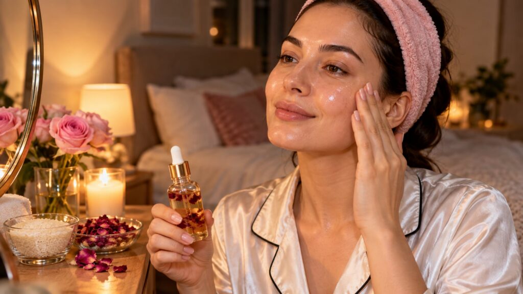 A woman gently applying the homemade rose rice night oil to her face before bed with soft dewy skin highlighted by warm 