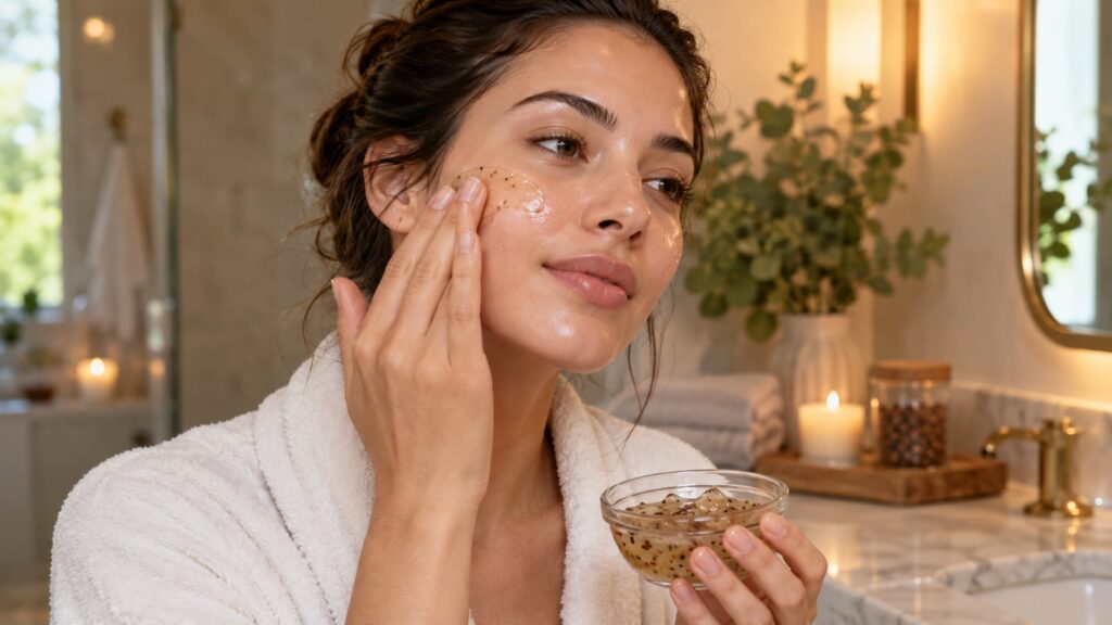 A woman gently applying the homemade flax seed gel to her face as part of her nightly skincare routine with soft serene 