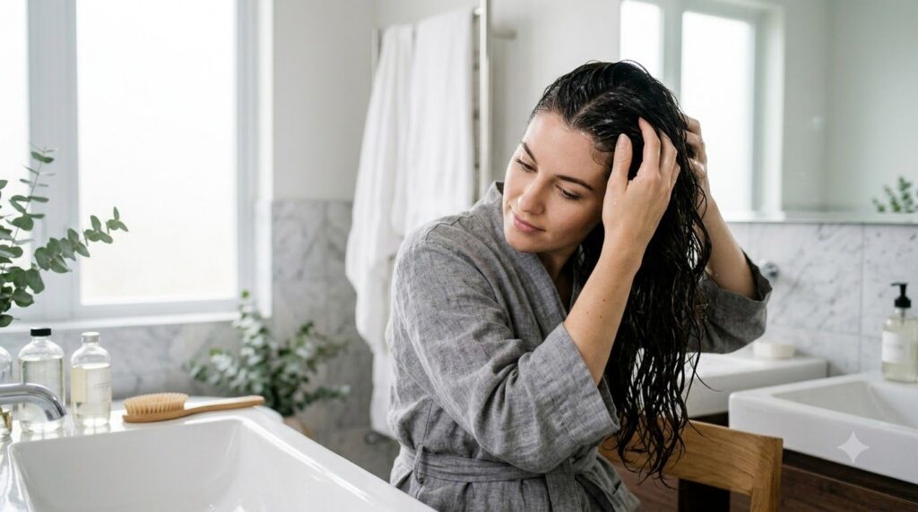 A woman gently massaging a homemade hair rinse into her scalp with healthy-looking hair illustrating the application pro
