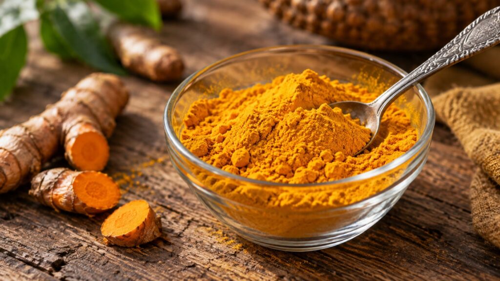 A close-up of a small glass bowl containing bright yellow turmeric powder with a tiny spoon resting inside The backgroun