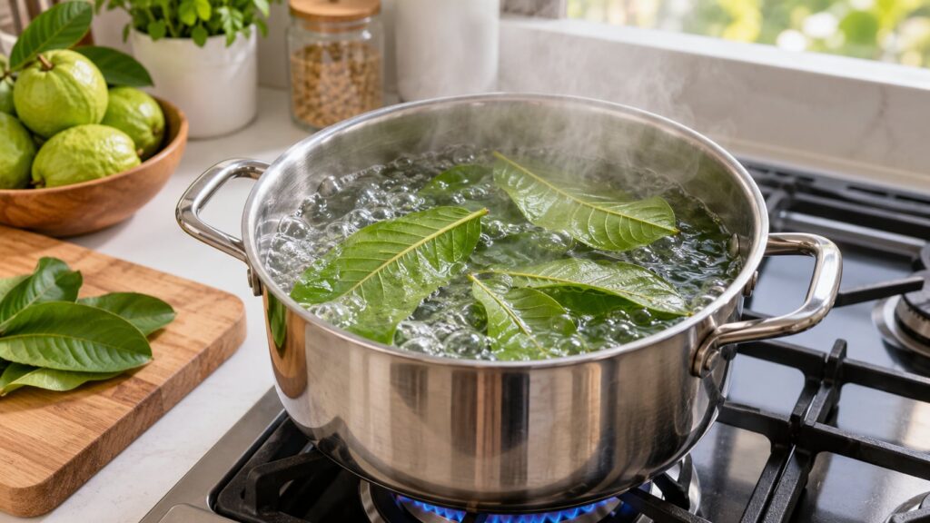 A close-up of a pot on a stove with guava leaves simmering in water showing the infusion process