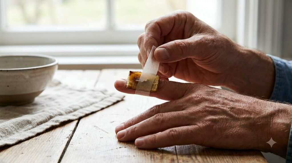 A hand applying a small square piece of banana peel inner side down onto a finger securing it with a small piece of medi