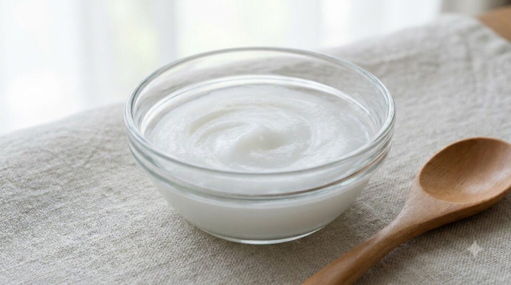 Close-up of a small glass bowl containing the finished Vaseline and baking soda paste ready for application