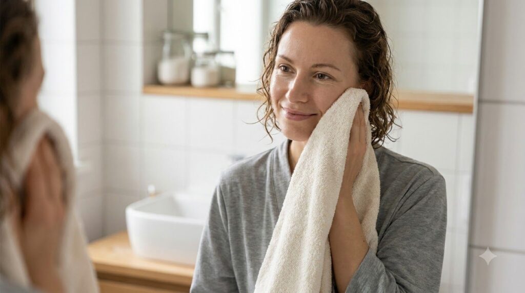 A woman gently patting her face with a soft towel after rinsing off a face mask her skin looking fresh and radiant