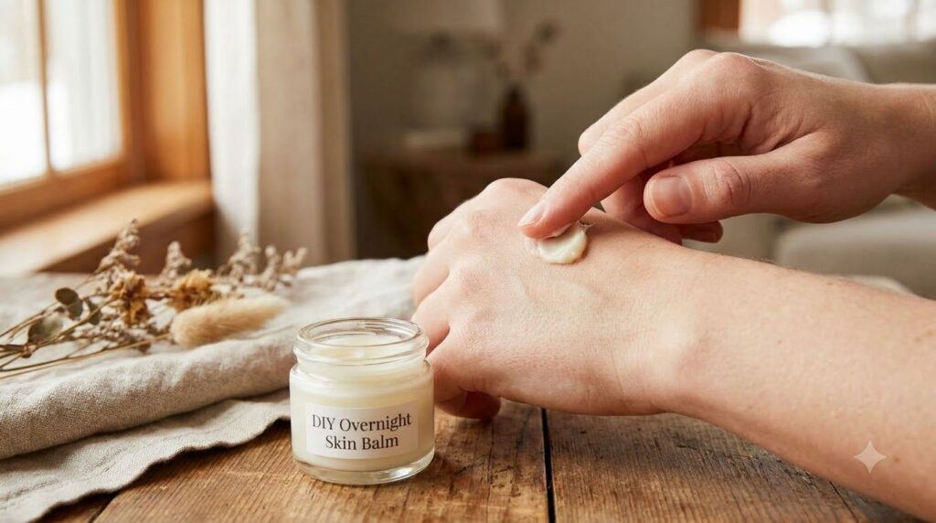 A small clean airtight container filled with a homemade overnight skin balm with a finger gently dabbing some onto the s