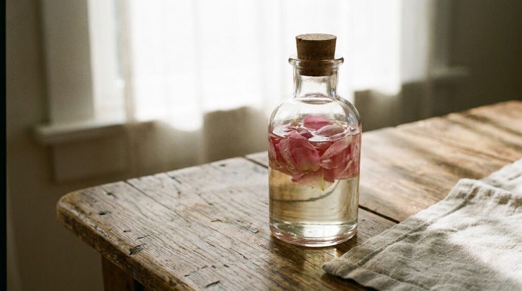 A clear glass bottle of baby oil infused with delicate pink rose petals on a clean wooden surface with soft natural ligh