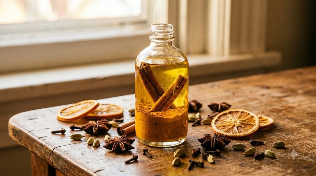 A clear glass bottle of baby oil infused with turmeric powder and cinnamon sticks on a rustic wooden table with spices s