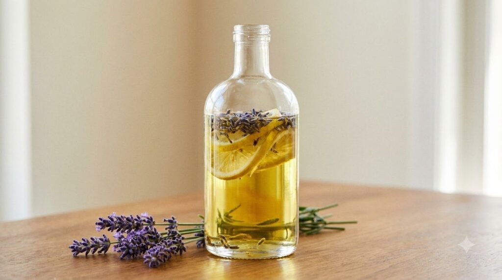 A clear glass bottle of baby oil infused with thin lemon slices and dried lavender buds next to fresh lavender sprigs on