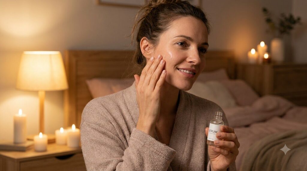 A woman gently applying a few drops of serum to her clean face before bedtime with soft ambient lighting in a bedroom se