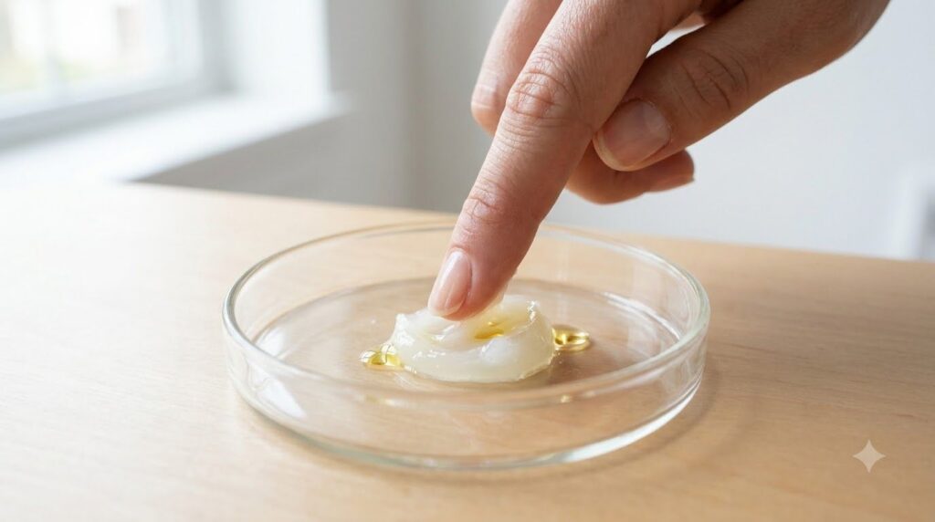 A person s clean fingertip gently mixing Vaseline and the liquid from a Vitamin E capsule in a small elegant glass bowl 