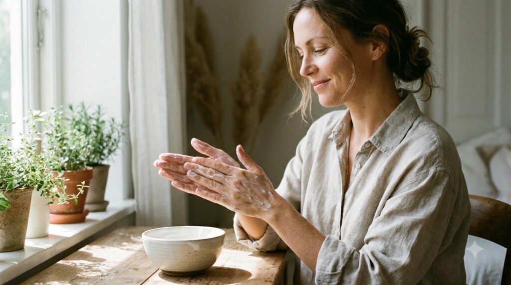 A woman gently massaging the Vaseline and baking soda mixture into her hands looking relaxed and happy