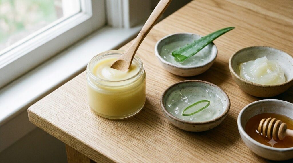 A small clean glass jar filled with the freshly mixed aloe Vaseline and honey night balm with a smooth creamy texture Be