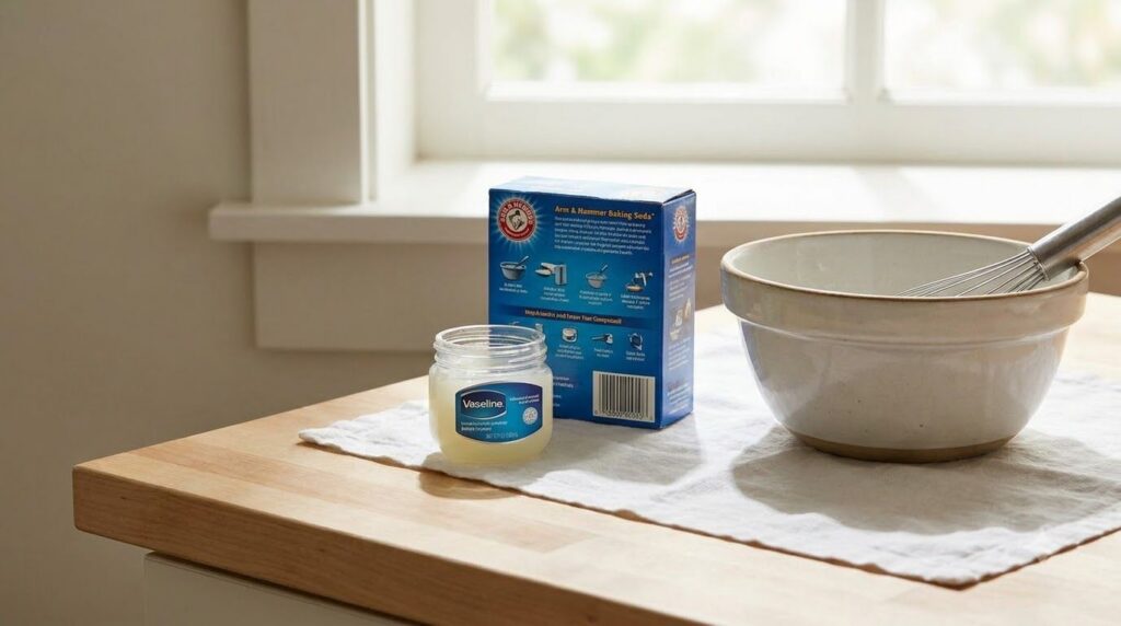 Close-up of ingredients a jar of Vaseline a box of baking soda and a small bowl ready for mixing