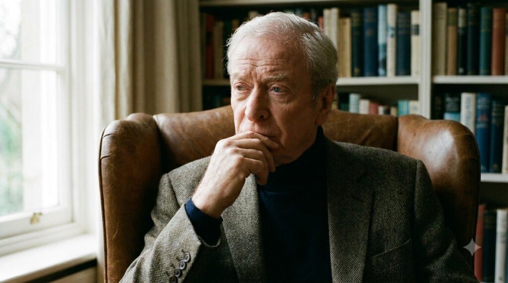 Michael Caine with a serious expression possibly from a movie role showcasing his distinctive look