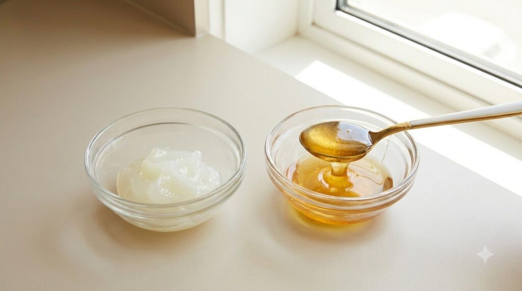 Two small bowls side-by-side on a light surface one containing a dollop of petroleum jelly and the other a spoonful of r