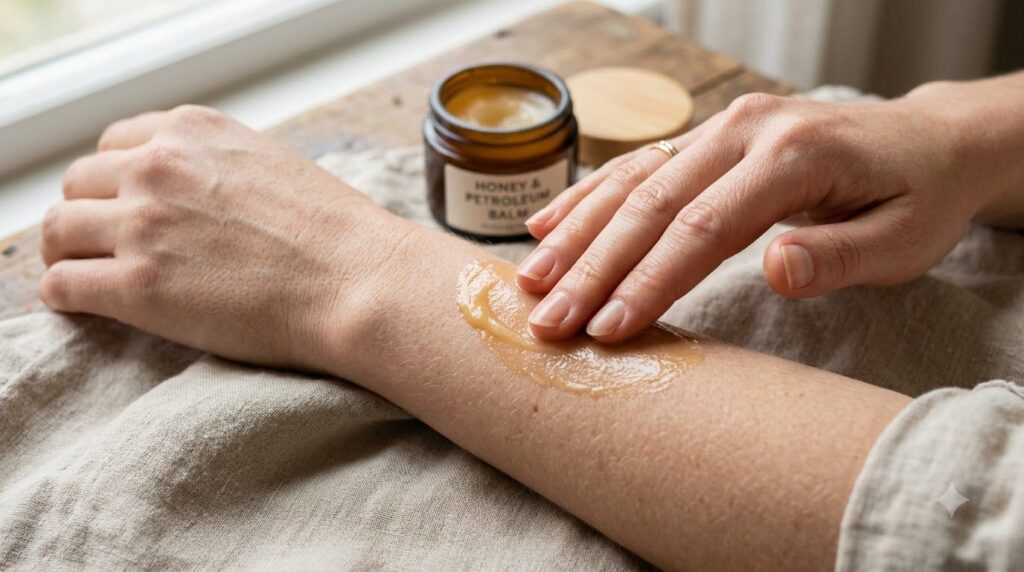 A close-up of hands gently massaging the prepared petroleum jelly and honey balm onto clean skin on a forearm demonstrat