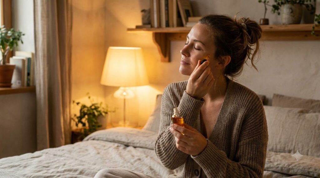 A woman gently massaging a few drops of homemade beauty oil onto her clean face before bedtime with a soft warm glow on 