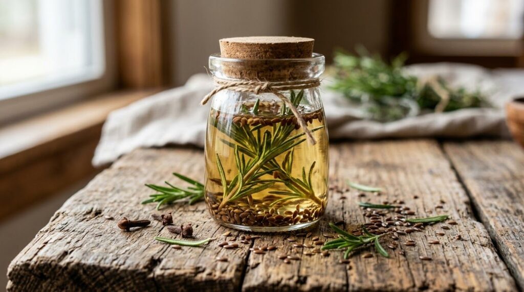 A close-up of a small glass jar filled with infused oil containing rosemary and flax seeds with whole cloves scattered a