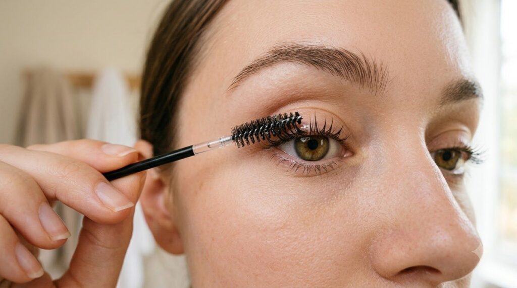 A close-up of a female applying the infused oil to her eyelashes using a clean mascara wand