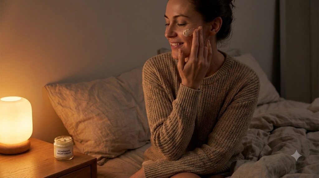 A woman gently applying the homemade rice cream to her face before bed with soft ambient lighting