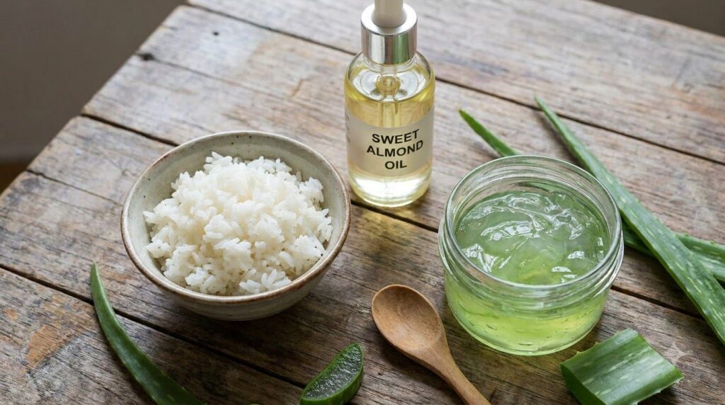 All three ingredients for the night cream cooked rice in a bowl a bottle of sweet almond oil and a container of aloe ver