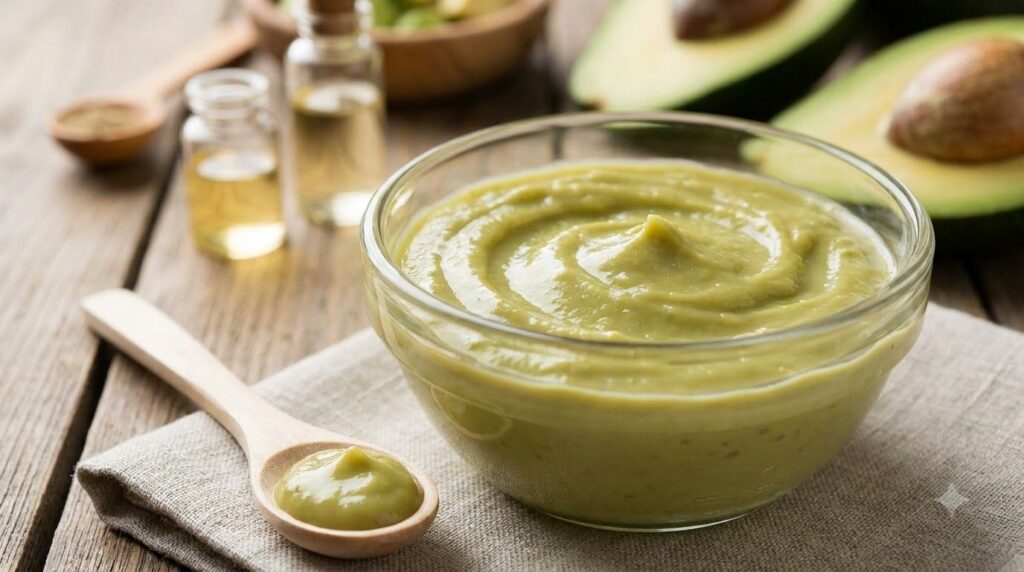 A close-up of a creamy green mixture in a small glass bowl with a wooden spoon showcasing the smooth texture of the prep