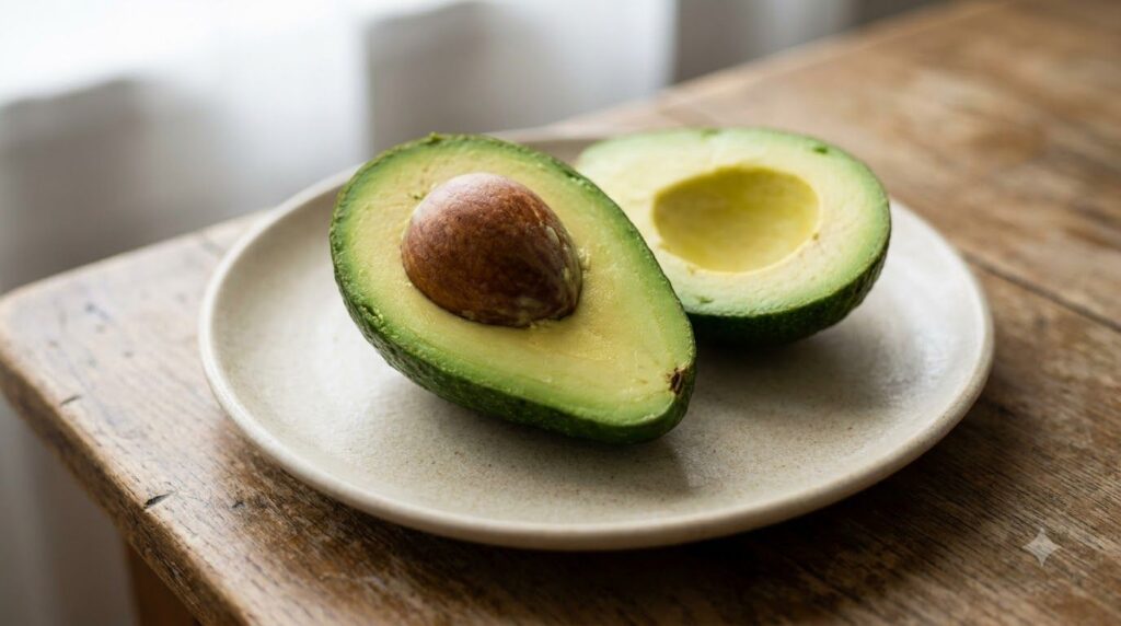 Close-up of a fresh ripe avocado cut in half showing its creamy green flesh and pit