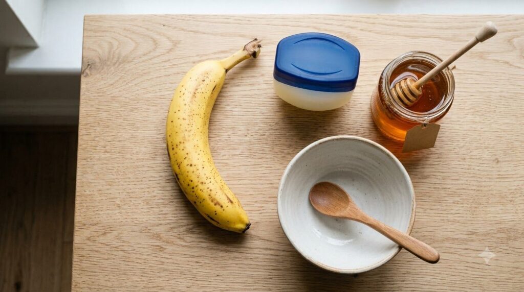 All the ingredients for the banana Vaseline and honey night balm laid out neatly a ripe banana a tub of Vaseline a jar o