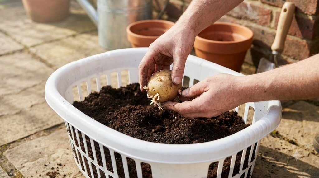 A gardener gently placing a potato seed into a laundry basket filled with potting soil surrounded by gardening tools on 