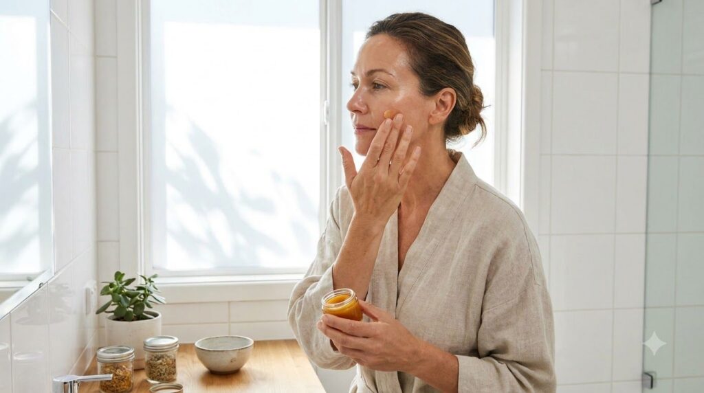 A woman gently applying a small amount of the mixed balm to her cheek with her fingertips