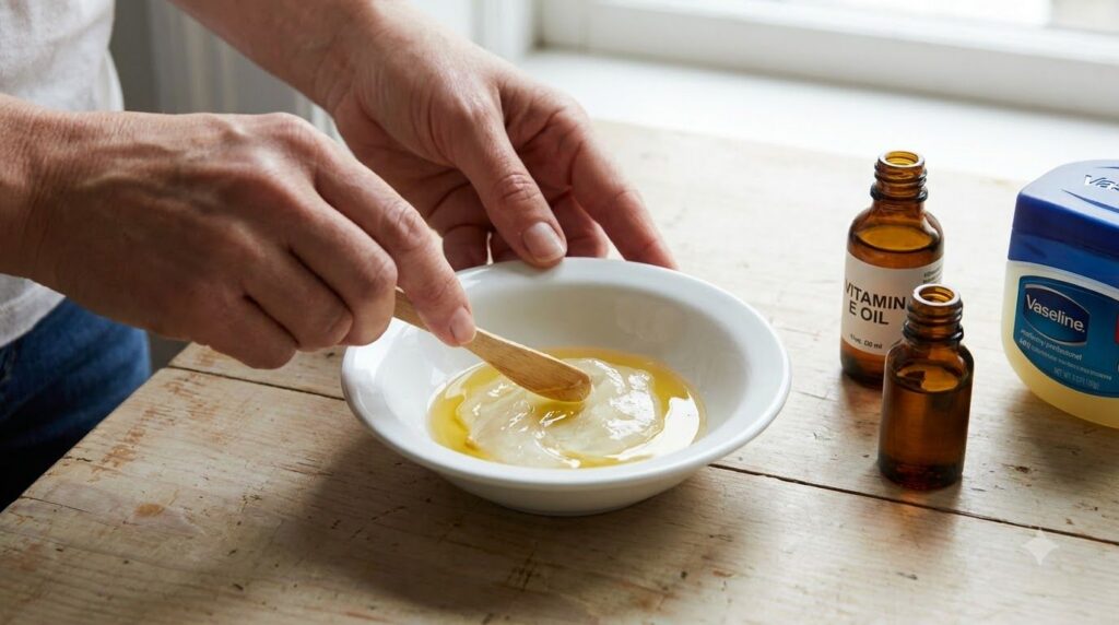 Close-up of hands mixing Vaseline and Vitamin E oil in a small bowl with a spatula